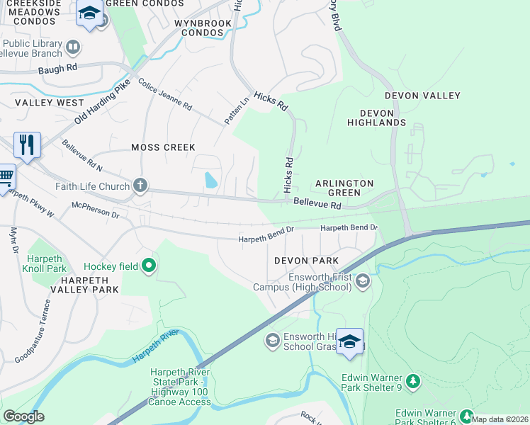 map of restaurants, bars, coffee shops, grocery stores, and more near 107 Bellevue Rd in Nashville