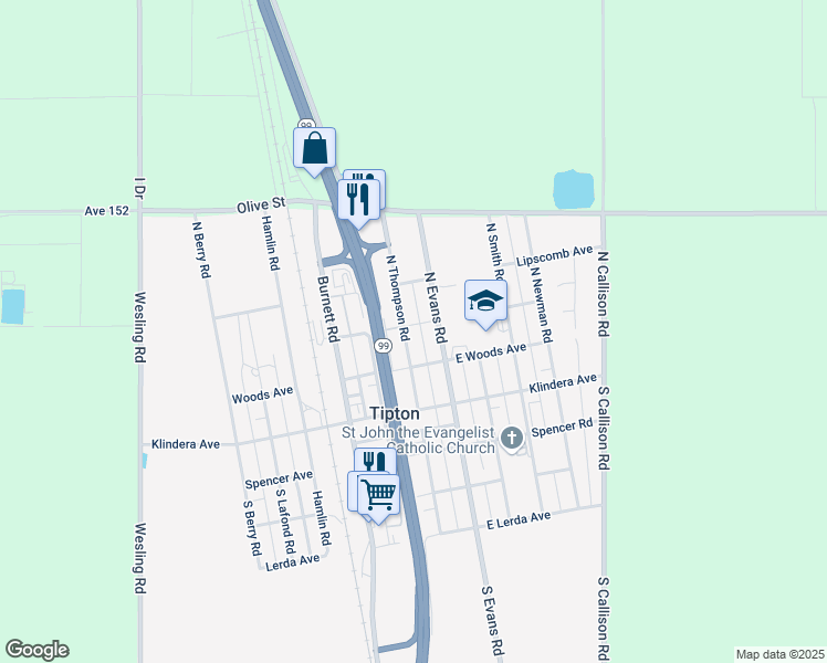 map of restaurants, bars, coffee shops, grocery stores, and more near 334 North Thompson Road in Tipton