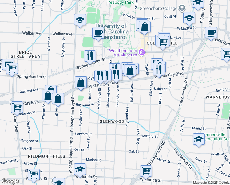 map of restaurants, bars, coffee shops, grocery stores, and more near 806 Lexington Avenue in Greensboro