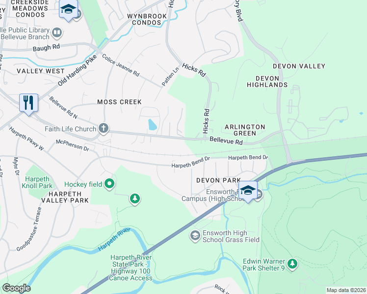 map of restaurants, bars, coffee shops, grocery stores, and more near 107 Bellevue Road in Nashville