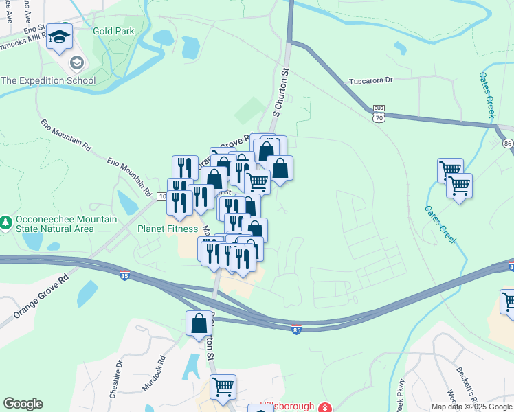 map of restaurants, bars, coffee shops, grocery stores, and more near 106 Rebecca Drive in Hillsborough