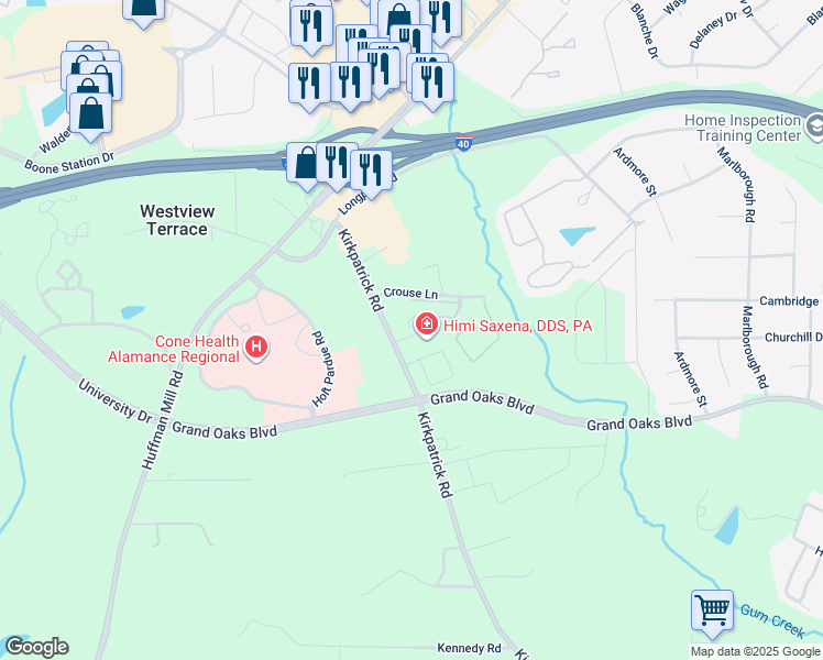 map of restaurants, bars, coffee shops, grocery stores, and more near 2903 Professional Park Drive in Burlington