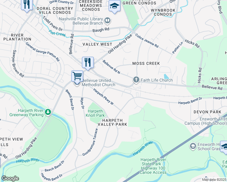 map of restaurants, bars, coffee shops, grocery stores, and more near 727 McPherson Drive in Nashville