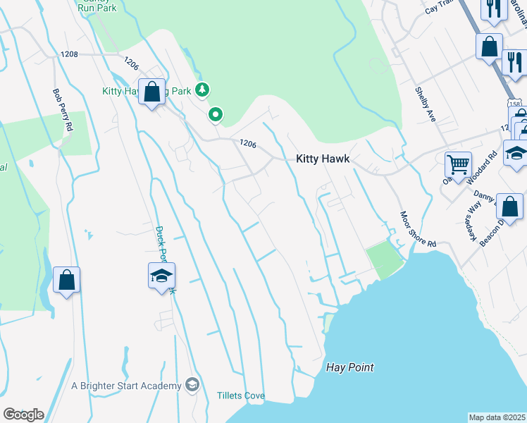 map of restaurants, bars, coffee shops, grocery stores, and more near 3863 Herbert Perry Road in Kitty Hawk