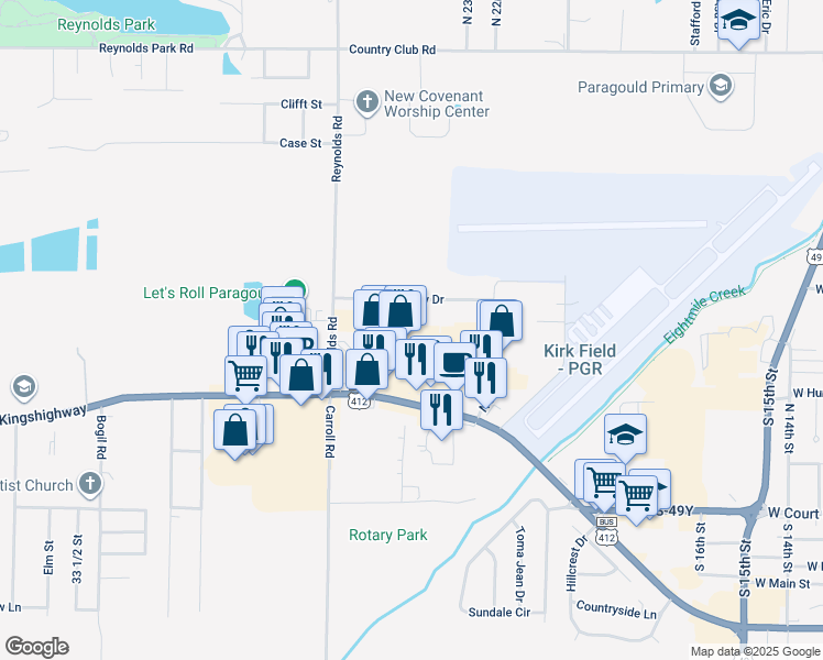 map of restaurants, bars, coffee shops, grocery stores, and more near 2415 West Kingshighway in Paragould