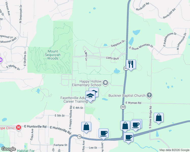 map of restaurants, bars, coffee shops, grocery stores, and more near 58 South Woodsprings Drive in Fayetteville