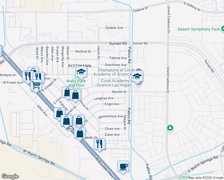 map of restaurants, bars, coffee shops, grocery stores, and more near 523 East Barrett Street in Henderson