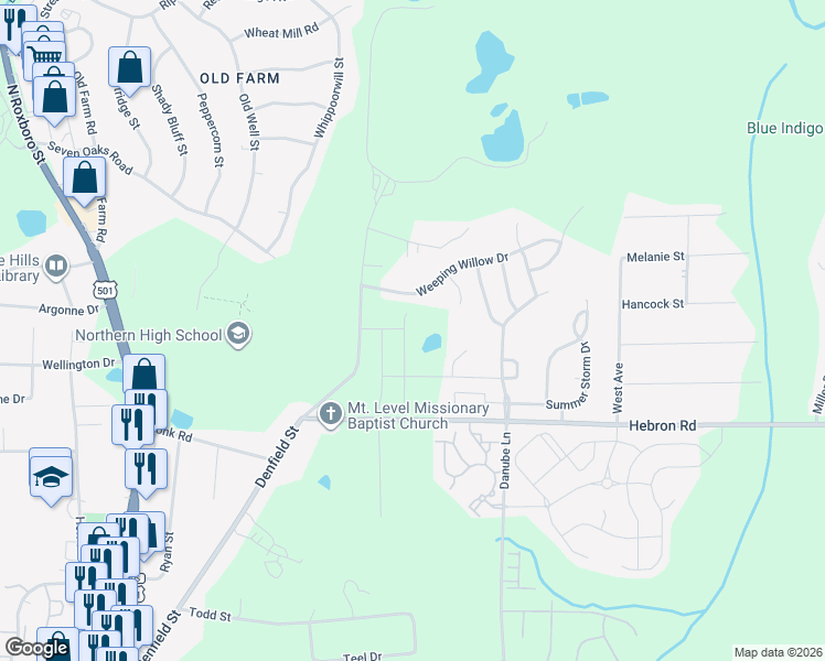 map of restaurants, bars, coffee shops, grocery stores, and more near 4728 Denfield Street in Durham