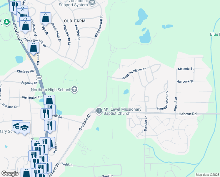 map of restaurants, bars, coffee shops, grocery stores, and more near 4728 Denfield Street in Durham
