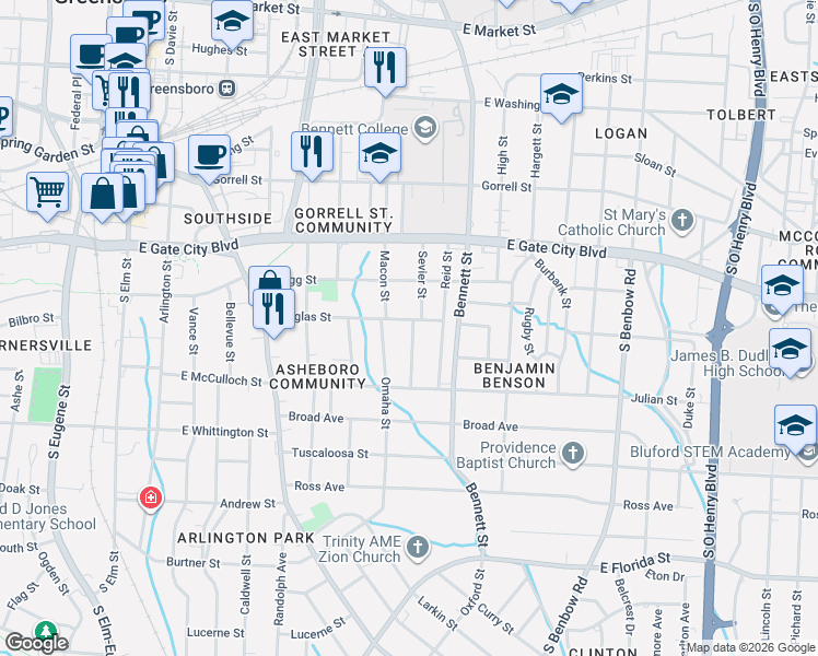 map of restaurants, bars, coffee shops, grocery stores, and more near 909 Omaha Street in Greensboro