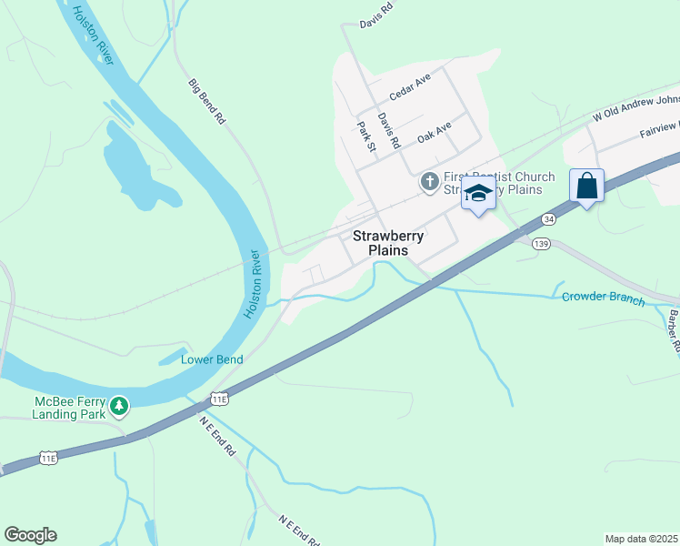 map of restaurants, bars, coffee shops, grocery stores, and more near 3191 West Old Andrew Johnson Highway in Strawberry Plains
