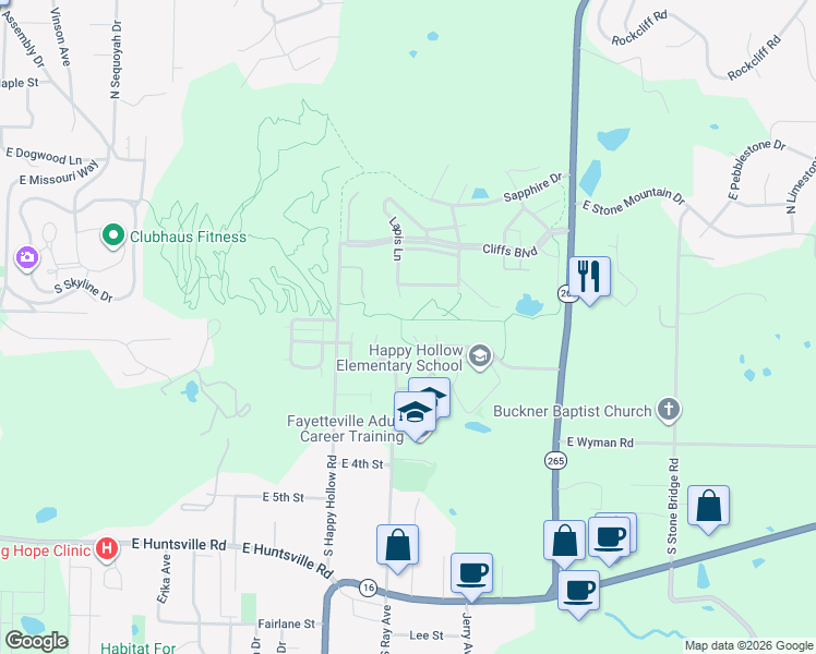 map of restaurants, bars, coffee shops, grocery stores, and more near 1976 East Peppervine Drive in Fayetteville