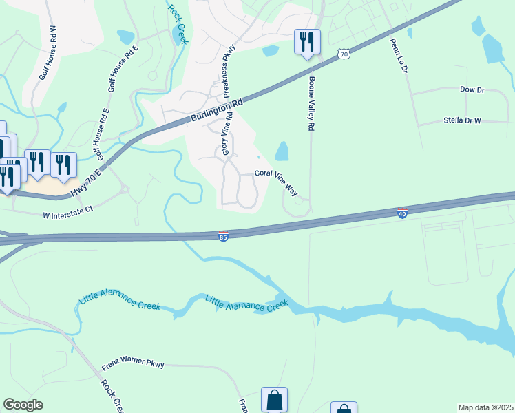 map of restaurants, bars, coffee shops, grocery stores, and more near 1236 Glory Vine Road in Whitsett
