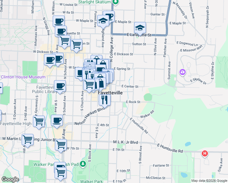 map of restaurants, bars, coffee shops, grocery stores, and more near 28 South College Avenue in Fayetteville