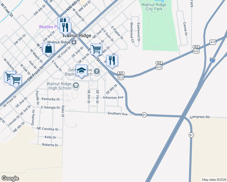 map of restaurants, bars, coffee shops, grocery stores, and more near 204 Arkansas Avenue in Walnut Ridge