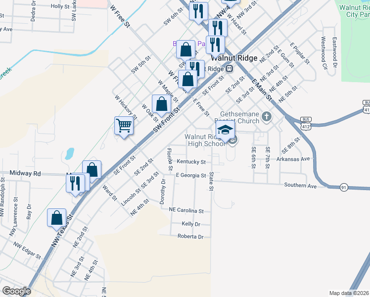 map of restaurants, bars, coffee shops, grocery stores, and more near 720 Tennessee Street in Walnut Ridge