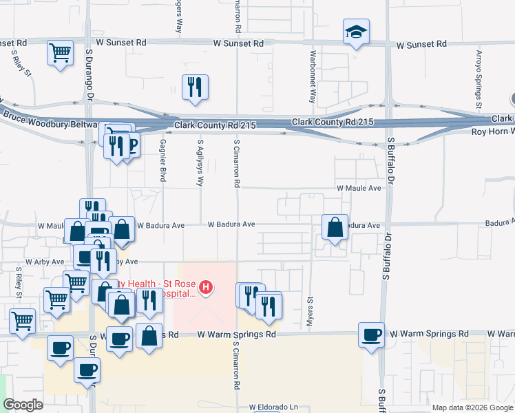 map of restaurants, bars, coffee shops, grocery stores, and more near 6910 South Cimarron Road in Las Vegas