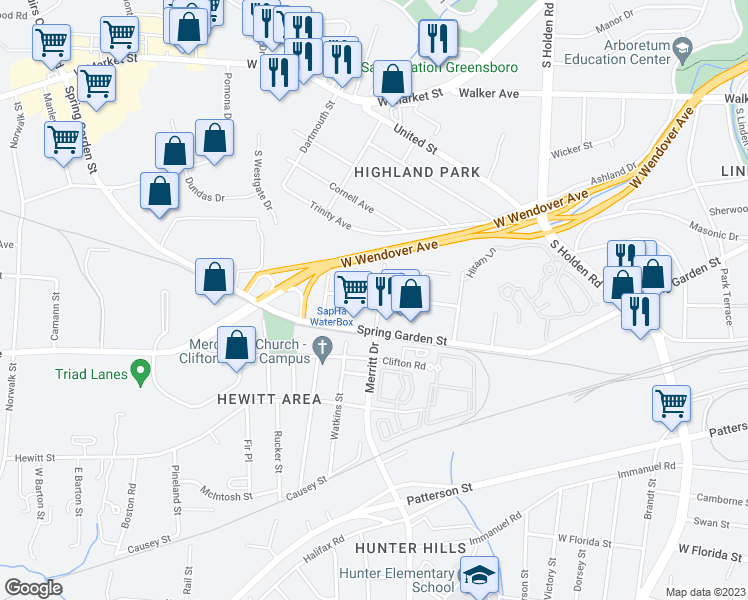 map of restaurants, bars, coffee shops, grocery stores, and more near 600 Merritt Drive in Greensboro