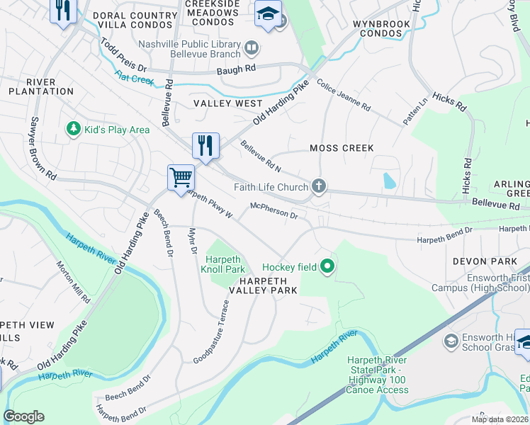 map of restaurants, bars, coffee shops, grocery stores, and more near 735 McPherson Drive in Nashville