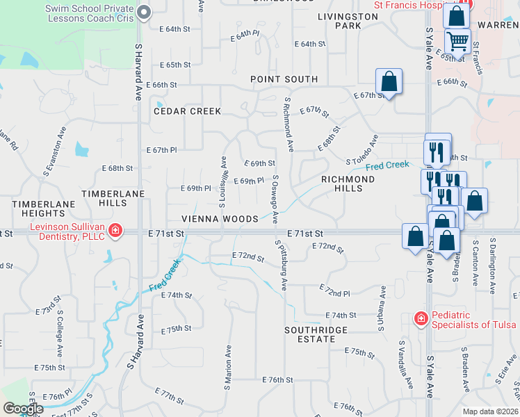 map of restaurants, bars, coffee shops, grocery stores, and more near 6935 South New Haven Avenue in Tulsa