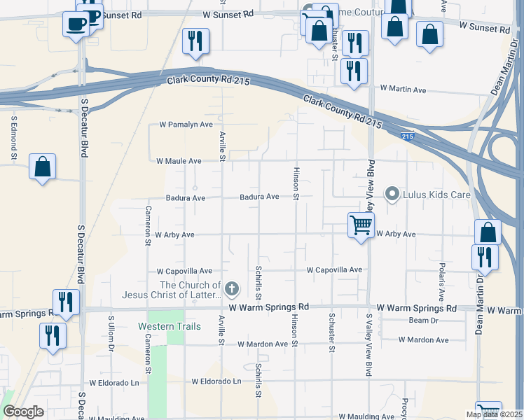 map of restaurants, bars, coffee shops, grocery stores, and more near 7030 Schirlls Street in Las Vegas
