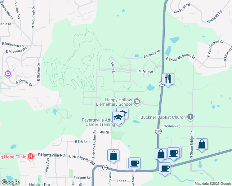 map of restaurants, bars, coffee shops, grocery stores, and more near 1976 East Peppervine Drive in Fayetteville