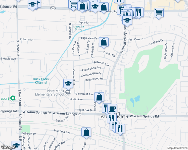 map of restaurants, bars, coffee shops, grocery stores, and more near 3121 Valleywood Road in Henderson