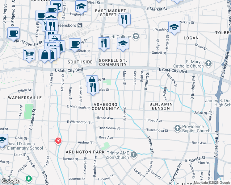 map of restaurants, bars, coffee shops, grocery stores, and more near 915 Martin Street in Greensboro