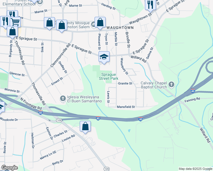 map of restaurants, bars, coffee shops, grocery stores, and more near 2505 Lewis Street in Winston-Salem