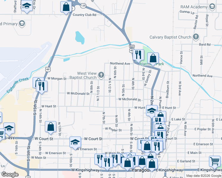 map of restaurants, bars, coffee shops, grocery stores, and more near 604 North 6 1/2 Street in Paragould