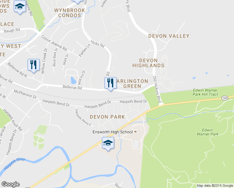 map of restaurants, bars, coffee shops, grocery stores, and more near 95 Bellevue Road in Nashville