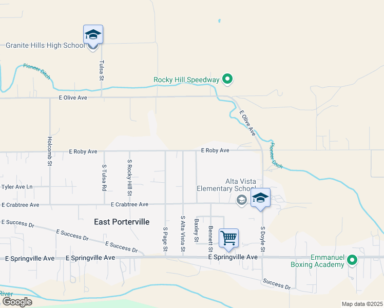map of restaurants, bars, coffee shops, grocery stores, and more near 207 Baxley Street in Porterville