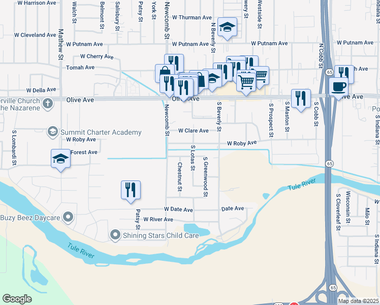map of restaurants, bars, coffee shops, grocery stores, and more near 209 South Lotas Street in Porterville