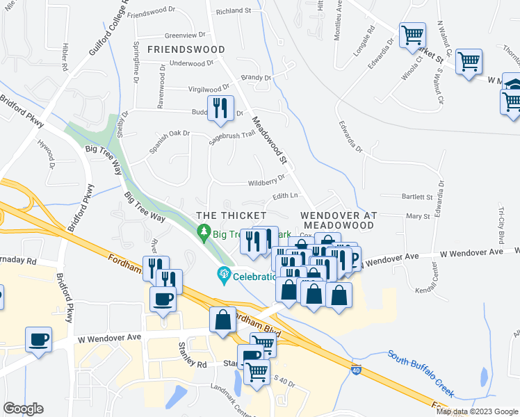 map of restaurants, bars, coffee shops, grocery stores, and more near 4232 Edith Lane in Greensboro