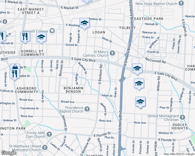 map of restaurants, bars, coffee shops, grocery stores, and more near in Greensboro