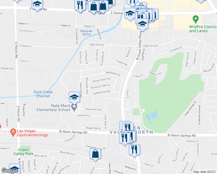 map of restaurants, bars, coffee shops, grocery stores, and more near 3117 Blossom Glen Drive in Henderson