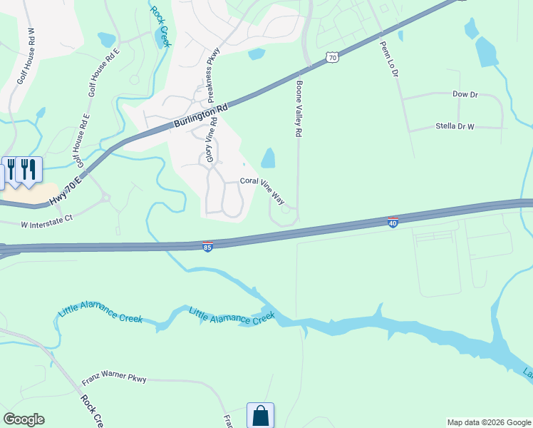 map of restaurants, bars, coffee shops, grocery stores, and more near 947 Boone Valley Road in Whitsett