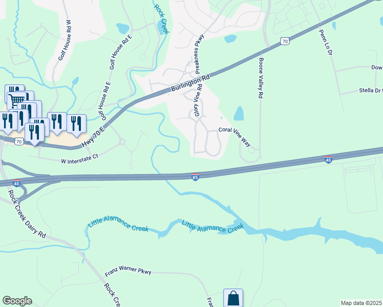 map of restaurants, bars, coffee shops, grocery stores, and more near 1154 Oak Blossom Way in Whitsett