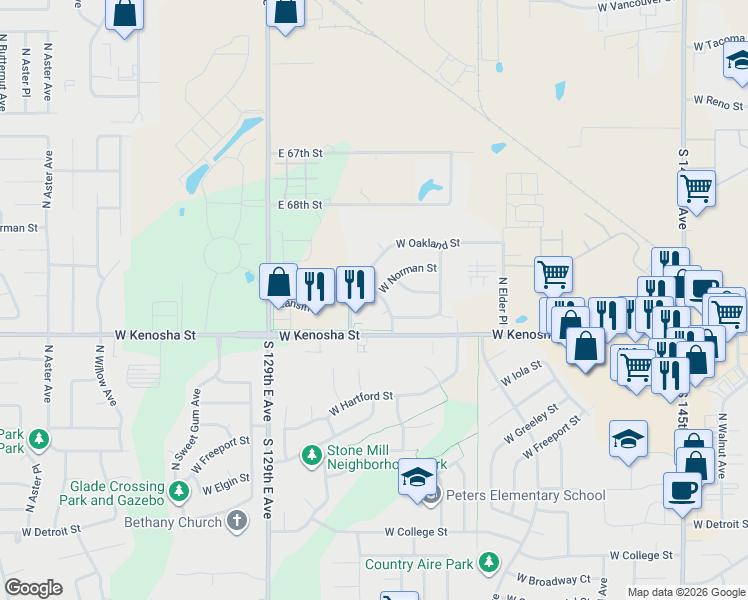 map of restaurants, bars, coffee shops, grocery stores, and more near 3120 West Kenosha Street in Broken Arrow