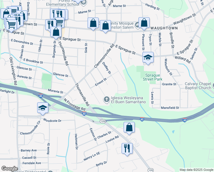 map of restaurants, bars, coffee shops, grocery stores, and more near 2722 Peachtree Street in Winston-Salem