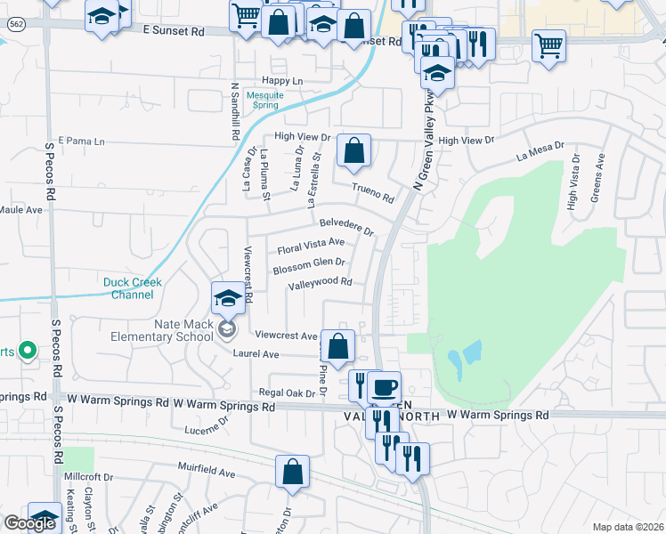 map of restaurants, bars, coffee shops, grocery stores, and more near 3117 Blossom Glen Drive in Henderson