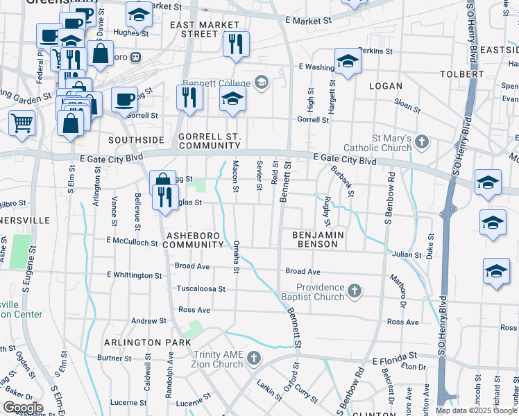 map of restaurants, bars, coffee shops, grocery stores, and more near 902 Douglas Street in Greensboro