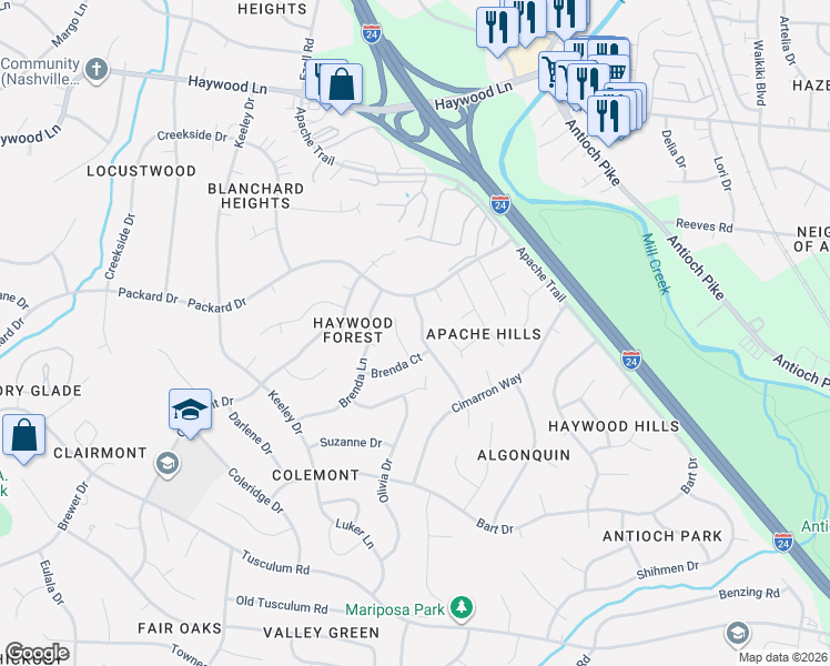 map of restaurants, bars, coffee shops, grocery stores, and more near 164 Brenda Court in Nashville