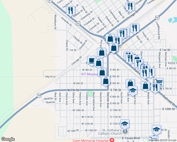 map of restaurants, bars, coffee shops, grocery stores, and more near 424 Rock Island Ave in Dalhart