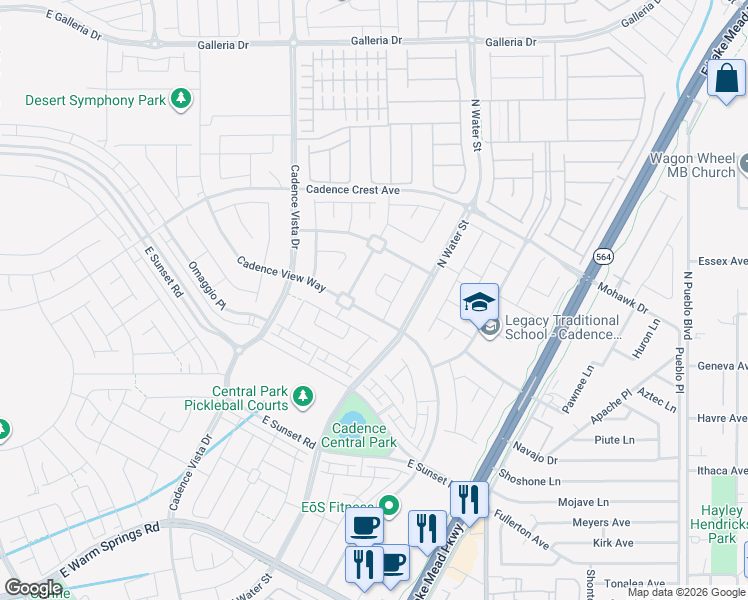 map of restaurants, bars, coffee shops, grocery stores, and more near 596 Cadence View Way in Henderson
