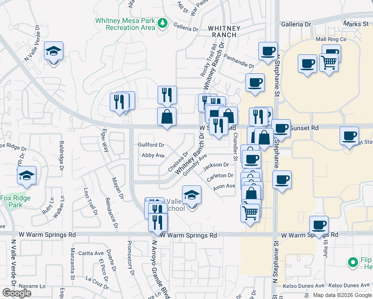 map of restaurants, bars, coffee shops, grocery stores, and more near 543 Chelsea Drive in Henderson