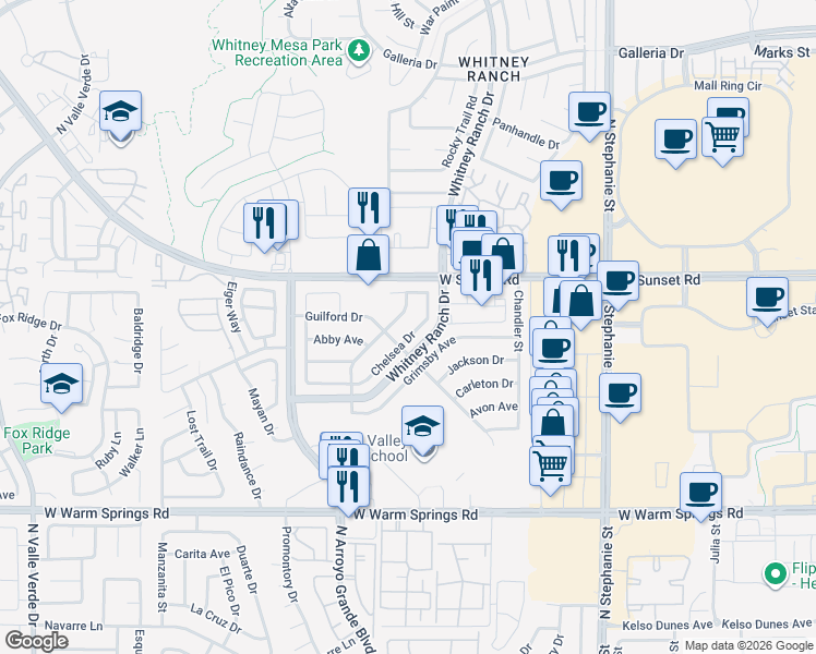 map of restaurants, bars, coffee shops, grocery stores, and more near 543 Chelsea Drive in Henderson