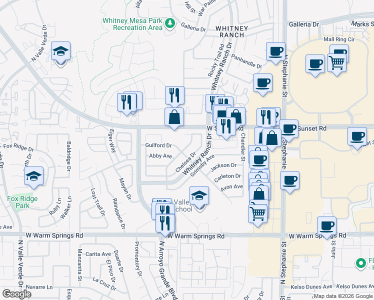 map of restaurants, bars, coffee shops, grocery stores, and more near 543 Chelsea Drive in Henderson