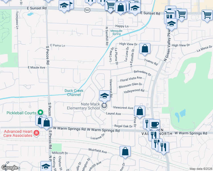 map of restaurants, bars, coffee shops, grocery stores, and more near 10 Pheasant Ridge Circle in Henderson
