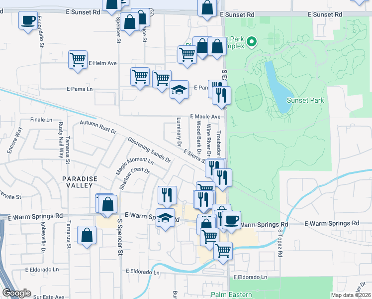 map of restaurants, bars, coffee shops, grocery stores, and more near 2175 East Sierra Stone Lane in Las Vegas